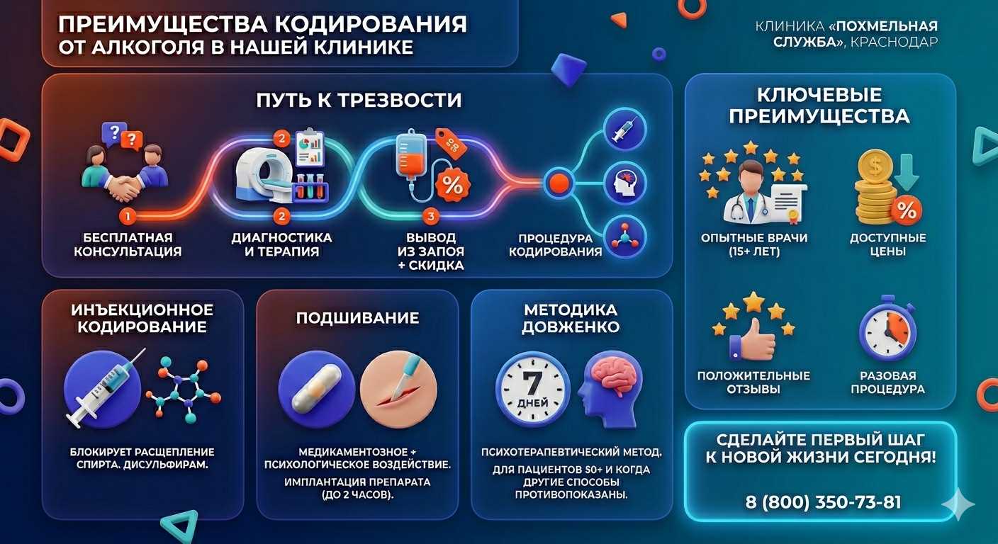 Инфографика о методах кодирования от алкоголя в поселке имени Морозова: инъекции, подшивание, метод Довженко. Преимущества клиники и этапы лечения.